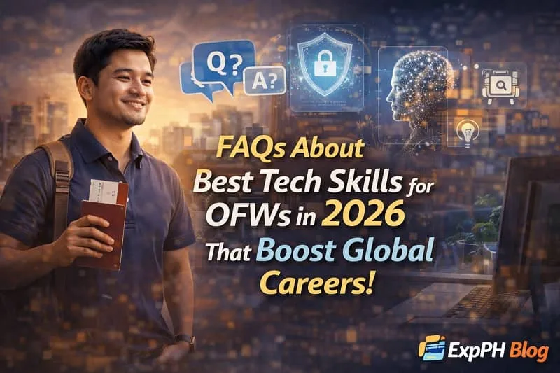 Filipino OFW exploring FAQs about the best tech skills for OFWs in 2026 to boost global careers, featuring digital icons and ExpPH Blog branding