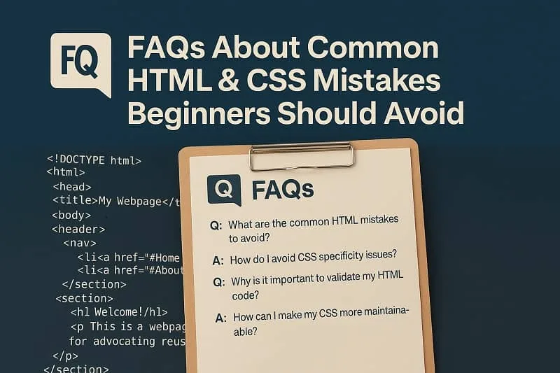 Webdesign Realistic image showing a clipboard with FAQs about HTML and CSS mistakes, placed over a background of HTML code, with the ExpPH Blog logo included.
