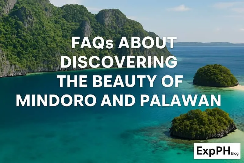 A realistic coastal landscape of Mindoro and Palawan featuring turquoise waters, limestone cliffs, small islands, and the ExpPH Blog logo with the text FAQs About Discovering the Beauty of Mindoro and Palawan.