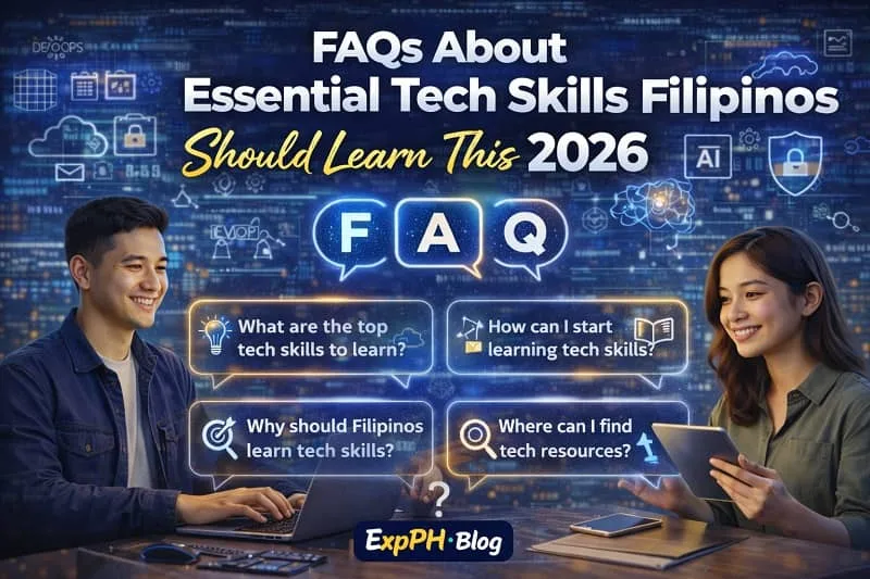 Filipino learners viewing FAQs about essential tech skills to learn in 2026 using digital devices with ExpPH Blog logo