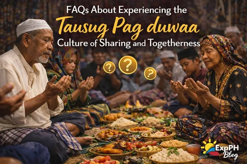 Tausug families gathered in prayer and sharing food during Pag duwaa, symbolizing cultural togetherness and community traditions in a Filipino Muslim setting with ExpPH Blog logo.