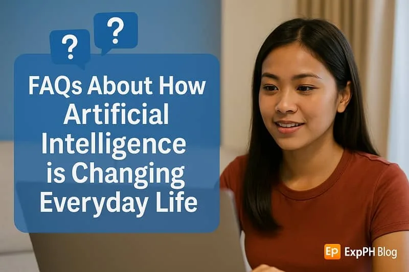 Realistic image of a Filipino woman using a laptop with question icons, representing FAQs about how artificial intelligence is changing everyday life.