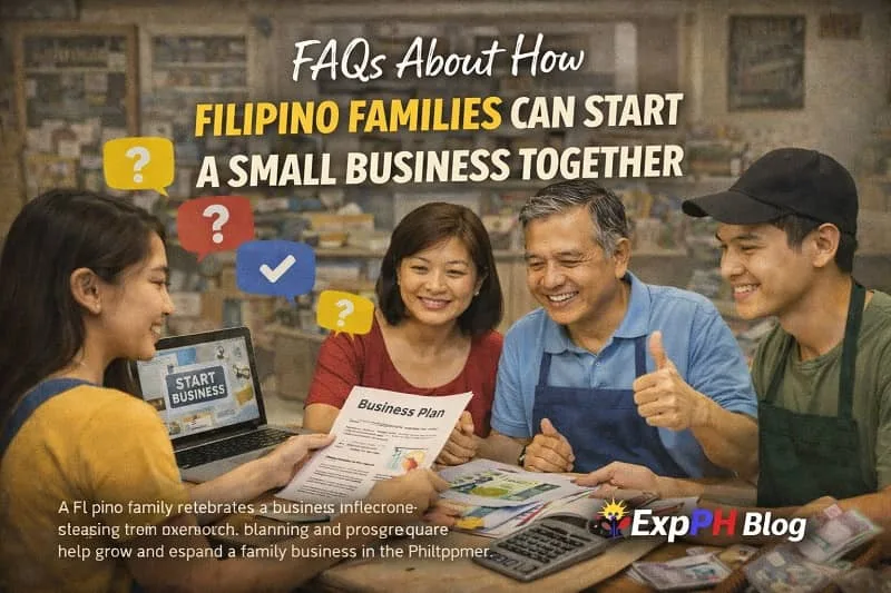 Filipino family discussing business plans together with question icons, laptop, and documents, representing FAQs about starting a family business in the Philippines