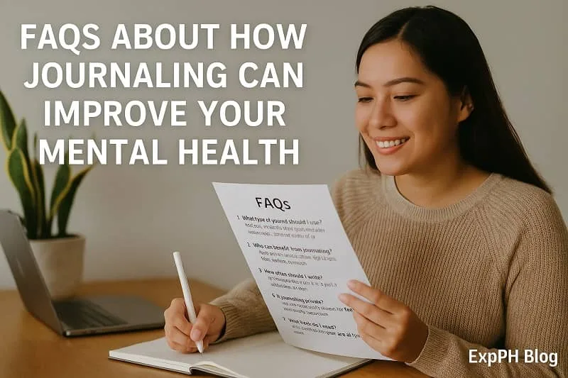 Journaling for Mental Health A young Filipina woman reading a journaling FAQ sheet while writing in her notebook, showing how journaling supports mental health, with the ExpPH Blog logo included.
