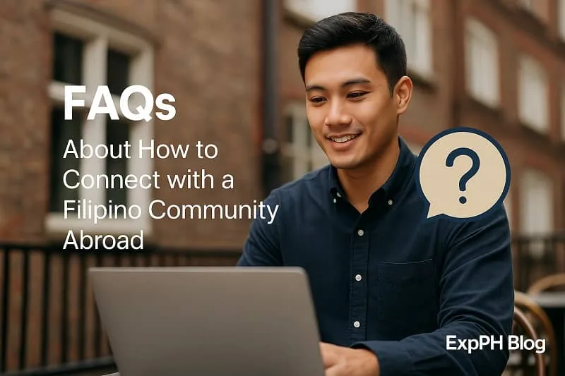 Filipino man using a laptop outdoors abroad while learning how to connect with a Filipino community.