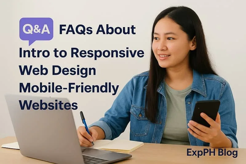 A Filipino woman sitting at a desk using a laptop and smartphone while taking notes, with on screen text about FAQs for responsive web design and the ExpPH Blog logo.