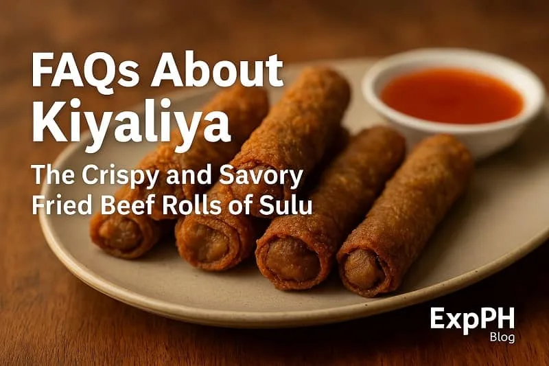 A realistic close up of crispy Kiyaliya fried beef rolls served on a plate with dipping sauce, showing the ExpPH Blog logo in the corner.