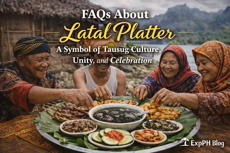 Tausug elders sharing a traditional latal platter with tiyula itum and native dishes on banana leaves, representing unity and cultural traditions in Sulu