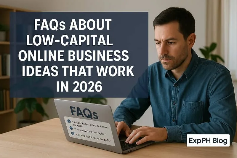Man working on a laptop with FAQ text representing frequently asked questions about low capital online business ideas in 2026