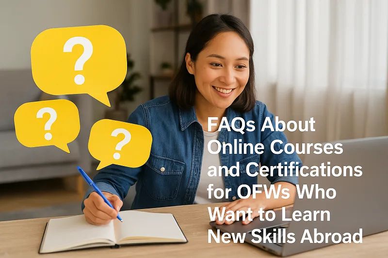 Online Learning for OFWs Filipino woman studying at home with laptop and notebook, surrounded by question icons representing FAQs about online courses and certifications for OFWs.
