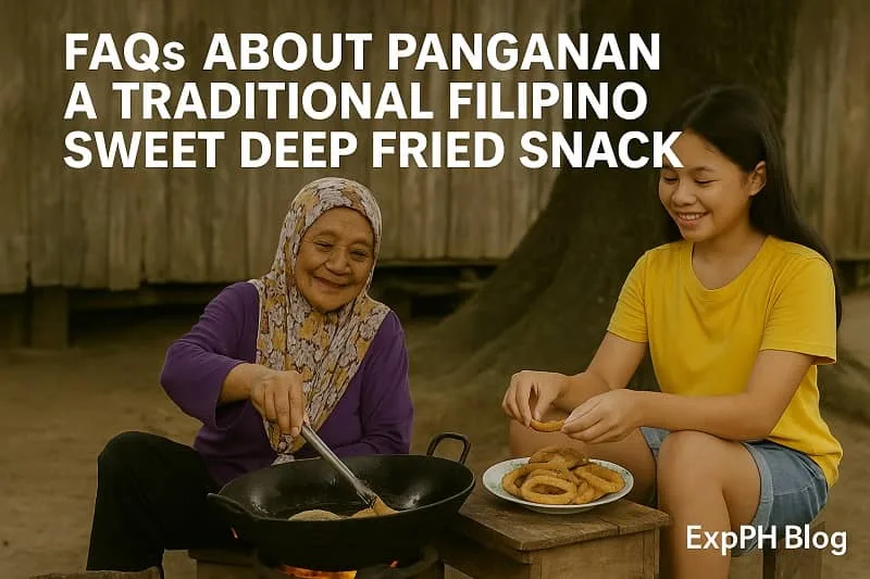 Elderly Filipino woman and young girl preparing Panganan, a traditional sweet deep fried snack, representing Filipino food culture with ExpPH Blog logo.