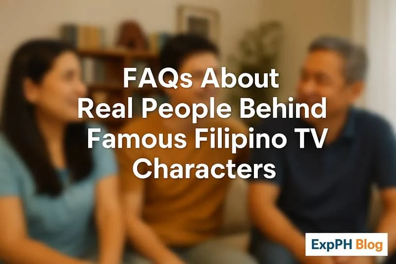 Revealed A realistic image of three Filipinos talking warmly in a living room, representing discussions about real people behind famous TV characters, with the ExpPH Blog logo.