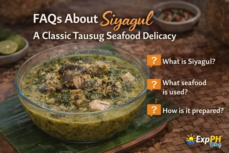 Siyagul Tausug seafood served in a glass bowl with coconut milk and spices, displayed with FAQ text highlighting ingredients, preparation, and cultural meaning in Filipino cuisine