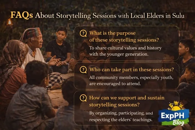 FAQs about Storytelling Sessions with Sulu Elders shown through elders answering questions while sharing stories with youth in a Filipino community setting