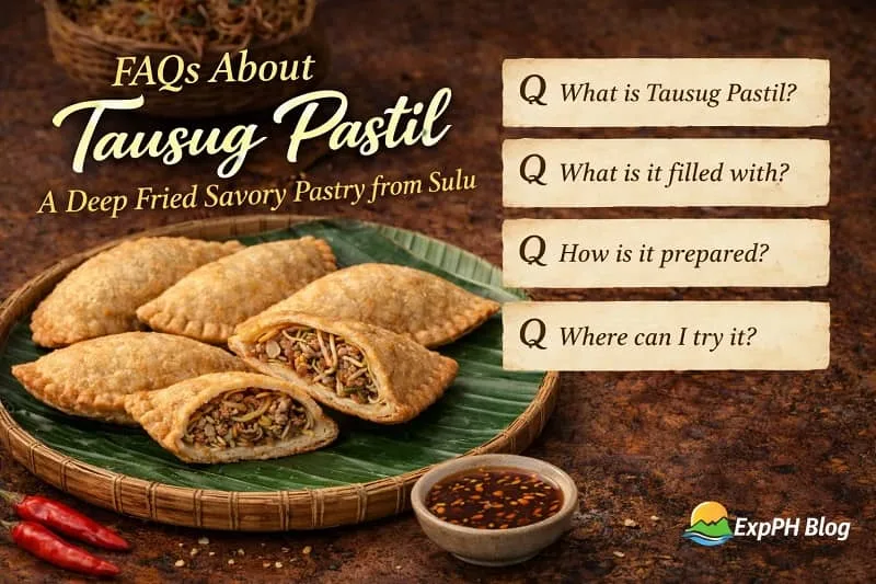 FAQs image showing half moon shaped Tausug Pastil with meat and pansit filling served on banana leaves with Filipino presentation