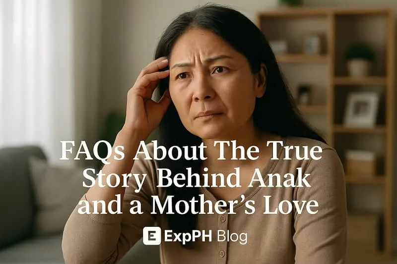 Mothers Sacrifice Realistic image of a thoughtful Filipino mother sitting in a living room, symbolizing the questions and emotions behind Anak and a mother’s love, with ExpPH Blog logo.