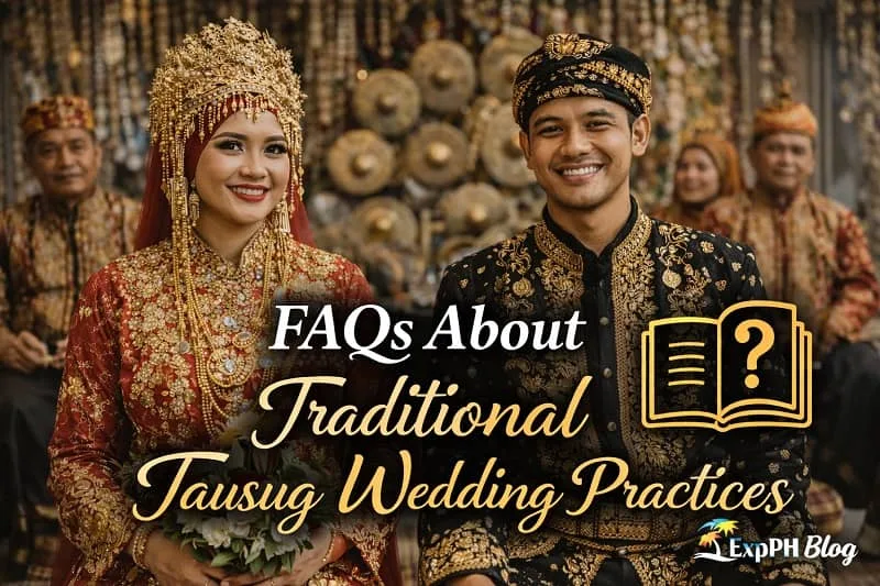 Tausug bride and groom wearing traditional wedding attire during a Filipino Muslim wedding ceremony, used for FAQs about Traditional Tausug Wedding Practices, with ExpPH Blog logo