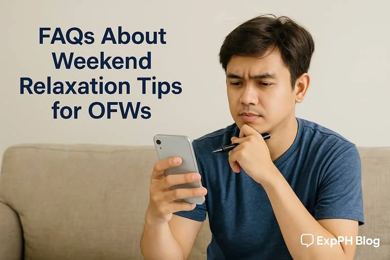 Filipino OFW reviewing questions on a smartphone at home, representing FAQs about weekend relaxation tips for OFWs and self care guidance.
