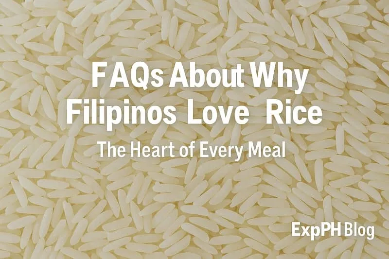 Close up view of uncooked rice grains with text about FAQs on why Filipinos love rice, representing Filipino Rice Culture and everyday meals.