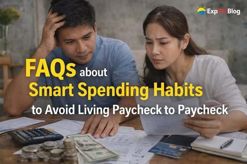 Filipino couple reviewing bills with calculator, cash, and documents representing smart spending habits and avoiding paycheck to paycheck living