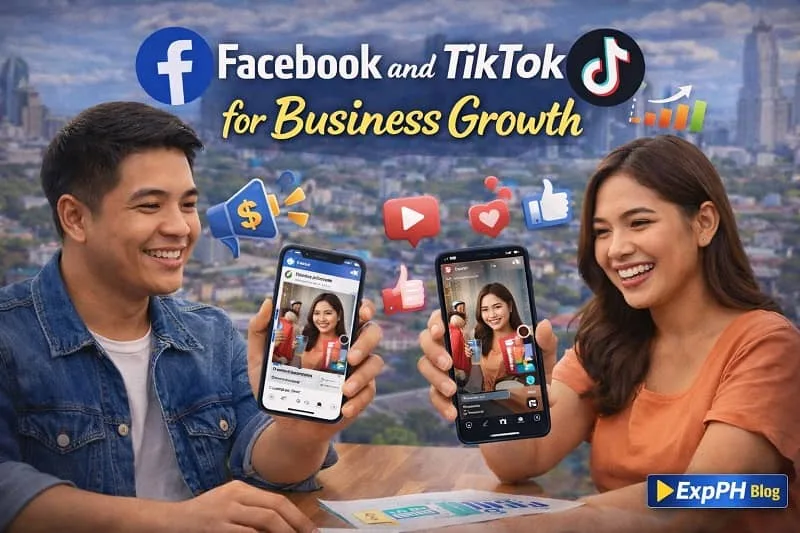 Filipino entrepreneurs running Facebook and TikTok ads on smartphones showing business growth and social media advertising results