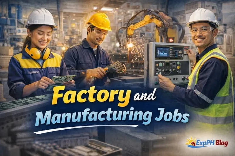 Filipino factory workers operating machines and assembling products in a modern manufacturing facility with ExpPH Blog logo.