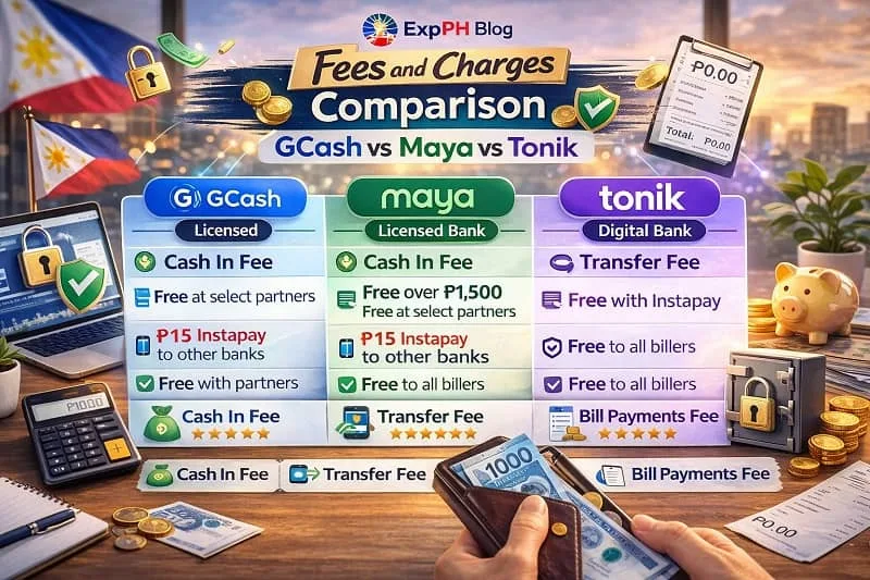 Comparison of fees and charges for GCash, Maya, and Tonik digital banking platforms in the Philippines.