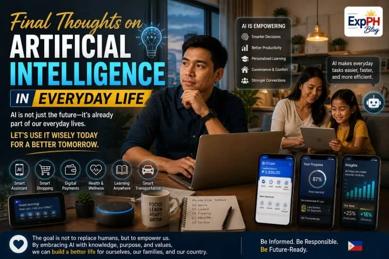 Filipino man thinking while using a laptop, with a family in the background using artificial intelligence devices at home, showing reflection on AI in everyday life