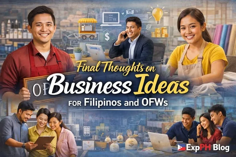 Filipino entrepreneurs and OFWs planning small business ideas using laptops and discussing opportunities with ExpPH Blog logo.