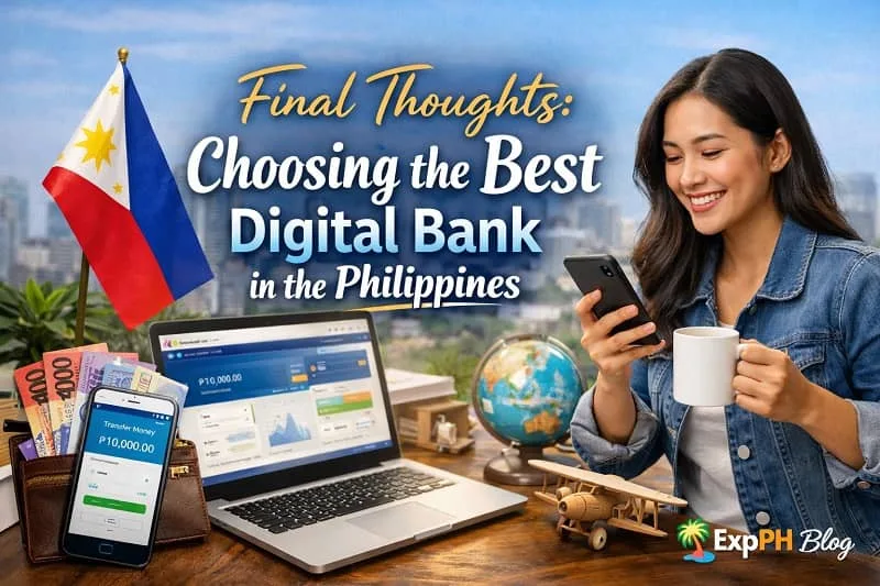 Filipino woman using a mobile banking app with Philippine flag, cash, and laptop showing digital bank dashboard, representing final thoughts on choosing the best digital bank in the Philippines