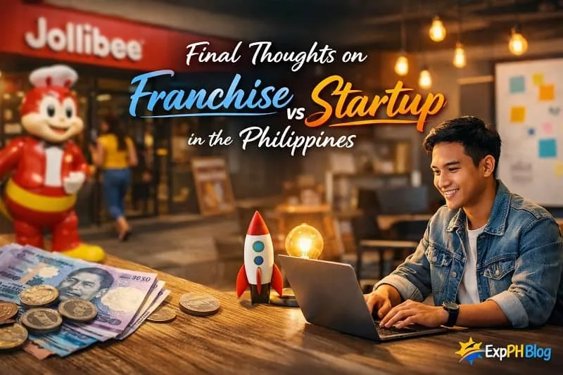 Filipino entrepreneur working on a startup while a franchise business like Jollibee is shown in the background, representing a comparison of franchise vs startup in the Philippines