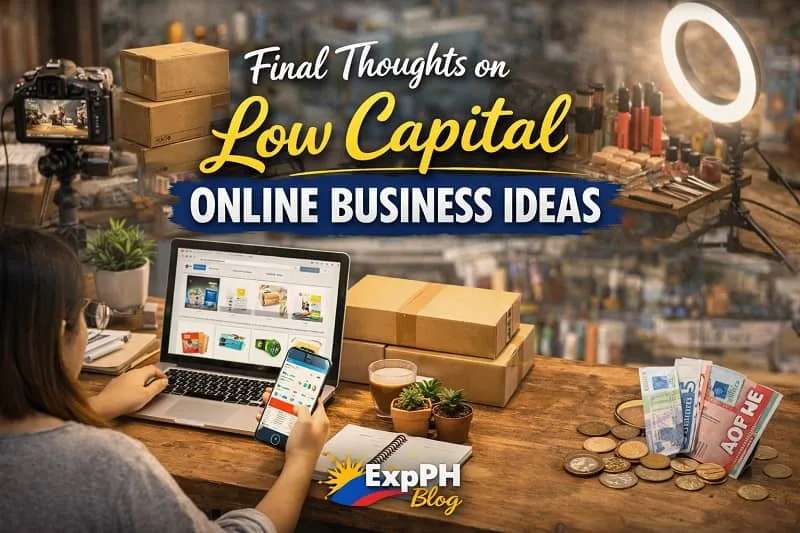 Filipino working from home managing an online business with laptop, smartphone, and products in a low capital setup with ExpPH Blog logo