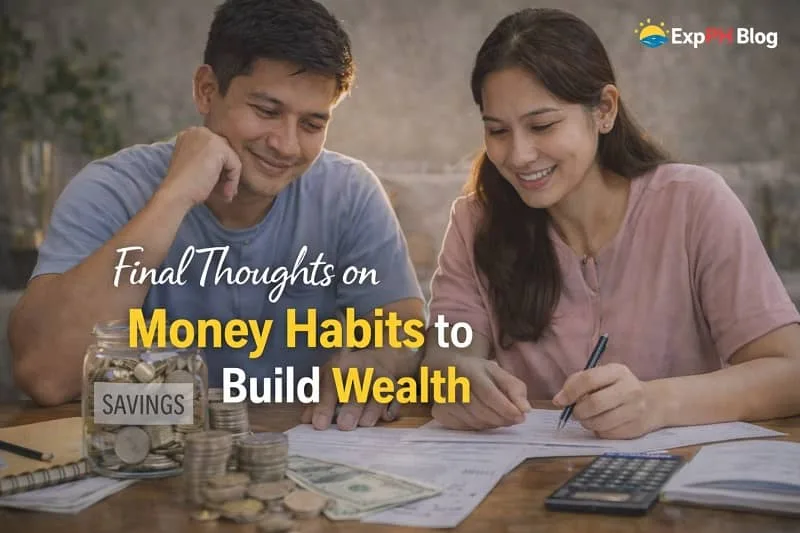 Filipino couple managing finances with savings jar, coins, and documents representing money habits to build wealth