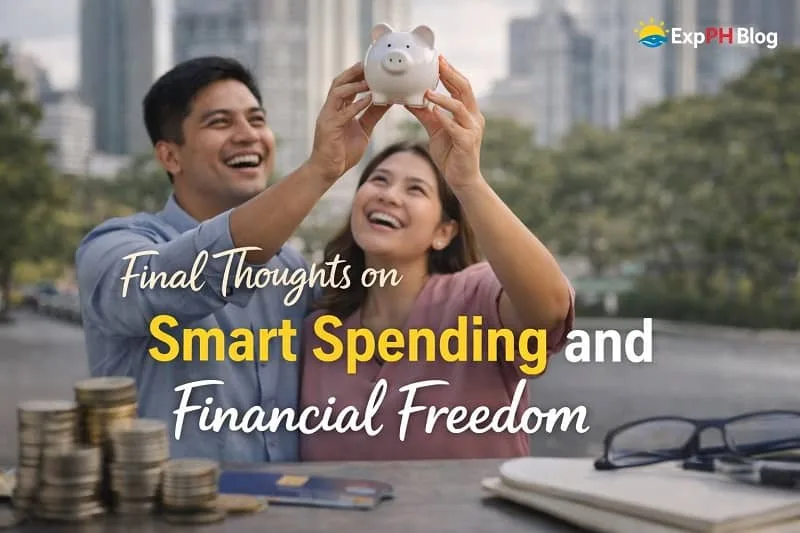 Filipino couple holding a piggy bank with coins and financial items symbolizing smart spending and financial freedom