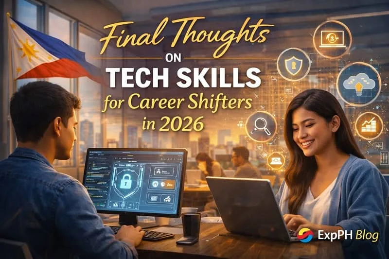 Filipino professionals working on laptops with digital tech icons and modern office background representing career shift to tech