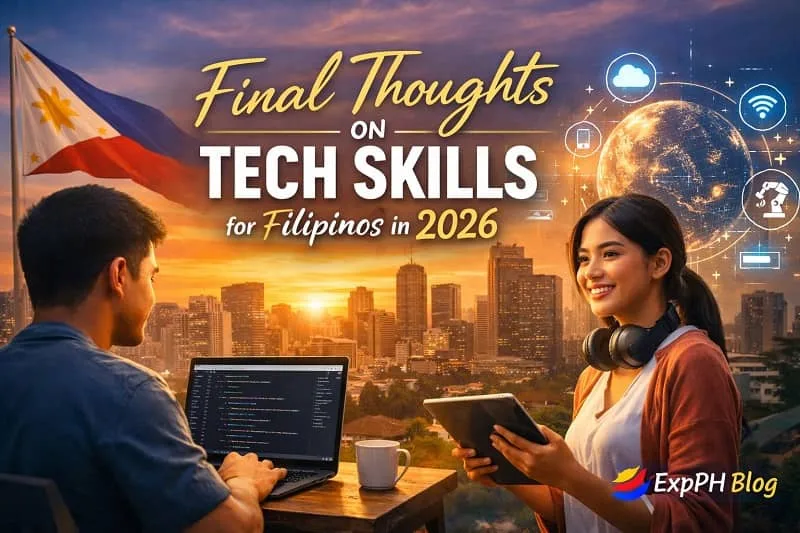 Filipino professionals using a laptop and tablet with Manila skyline background and text about tech skills for Filipinos in 2026