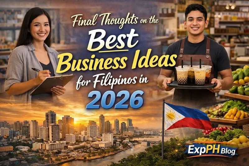 Filipino entrepreneurs planning business ideas in 2026 with a bubble tea seller, market stall, Manila skyline, and Philippine flag with ExpPH Blog logo