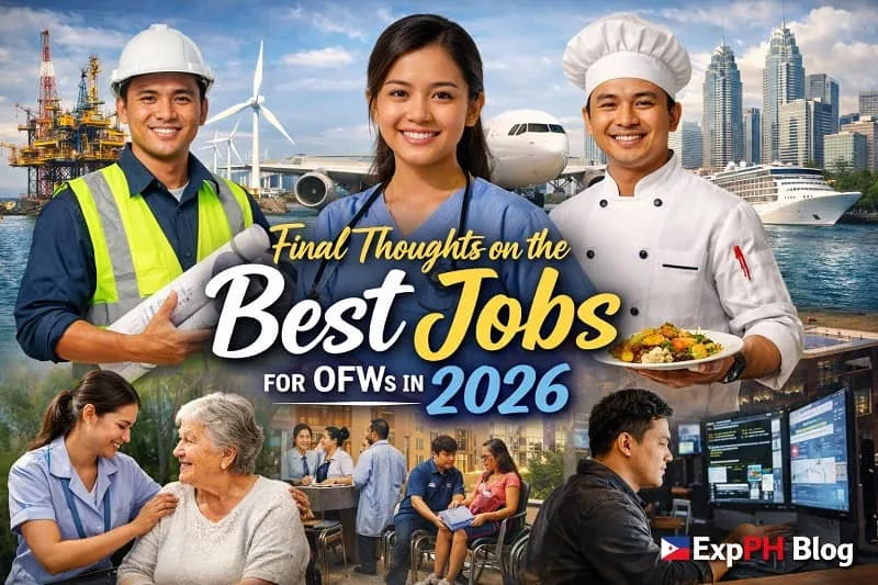 Filipino professionals including a nurse, engineer, chef, caregiver, and IT worker representing the best jobs for OFWs in 2026 with ExpPH Blog logo.