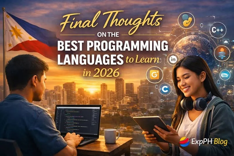 Filipino professionals using laptop and tablet with programming language icons and Manila skyline background