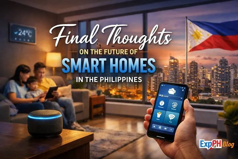 Filipino family using smart home technology with smartphone control and smart speaker, Manila skyline background, representing the future of smart homes in the Philippines