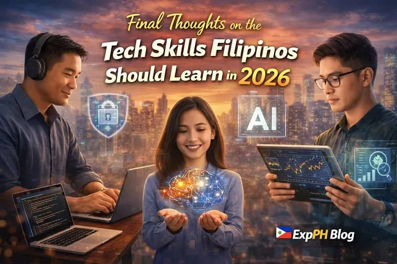 Filipino professionals learning tech skills like AI, cybersecurity, and data analysis in a modern digital environment