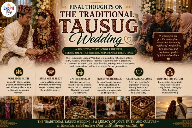 Realistic Traditional Tausug wedding scene featuring a Filipino Muslim couple, family gatherings, cultural attire, and Islamic traditions with ExpPH Blog logo.
