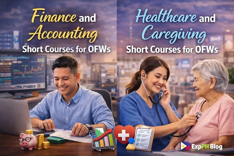 Filipino OFWs learning finance and accounting skills on laptops and providing healthcare and caregiving support, representing short courses for OFWs, with ExpPH Blog logo.