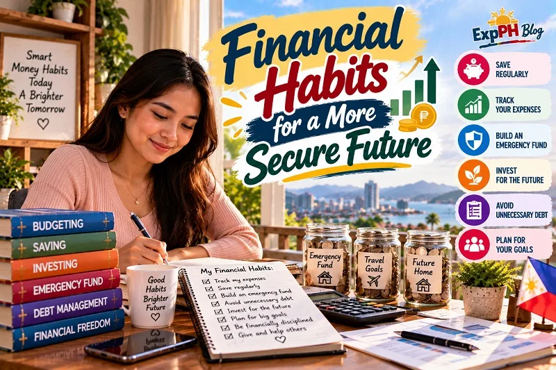 Realistic Filipina woman creating a budget at home with a notebook, calculator, and savings jars, illustrating regular saving, expense tracking, emergency funds, investing, and debt management, with the ExpPH Blog logo.