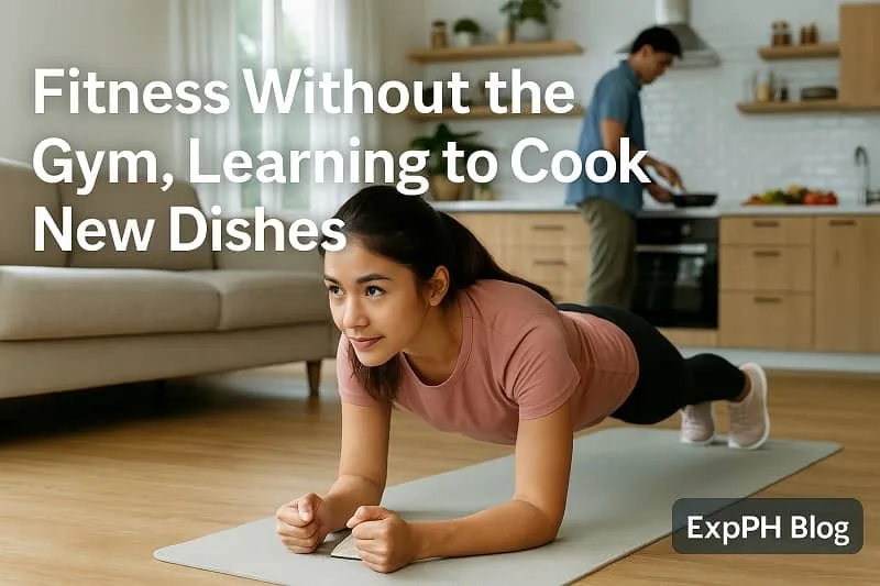 A realistic scene of a woman doing a plank workout at home while a man cooks new dishes in the background, with the ExpPH Blog logo included.