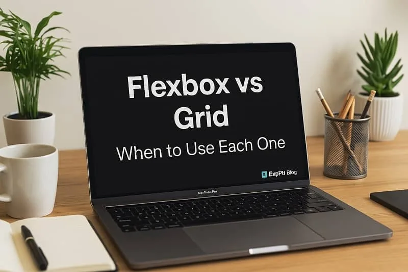 Laptop on a desk showing Flexbox vs Grid When to Use Each One with a small ExpPH Blog logo