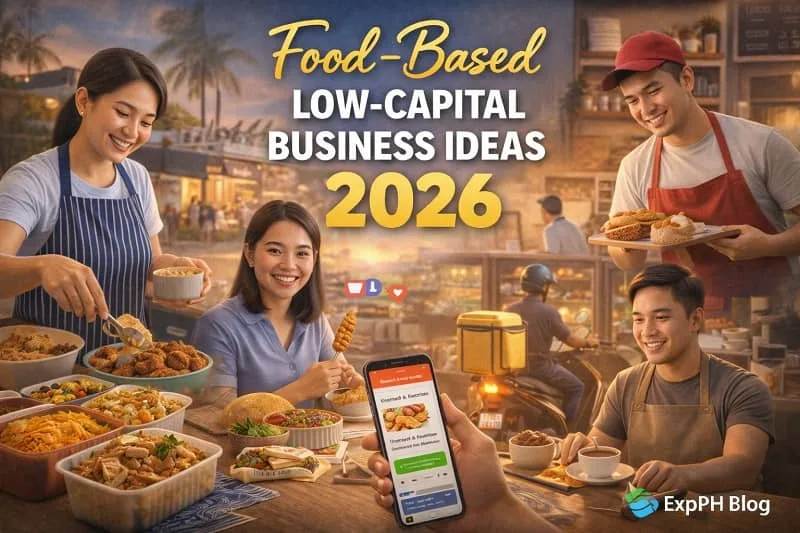 Food-based low capital business ideas 2026 showing Filipino entrepreneurs preparing home-cooked meals, baked goods, street food, and online food orders with minimal startup costs.