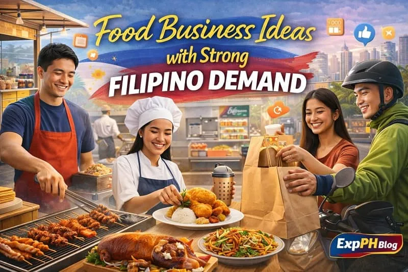 Realistic image showing Filipinos running food stalls, preparing popular Filipino dishes, and handling food deliveries representing food business ideas with strong Filipino demand