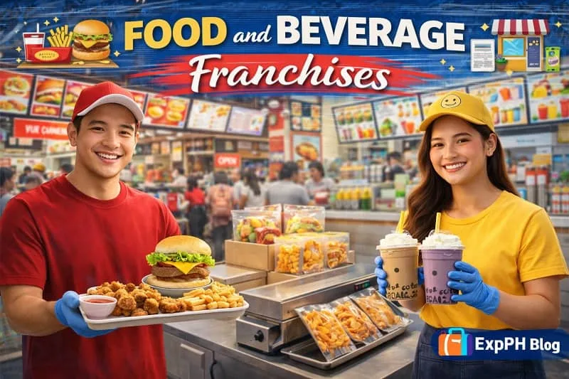 Filipino food franchise owners serving burgers, fried snacks, and milk tea drinks in a busy food franchise store with ExpPH Blog logo.