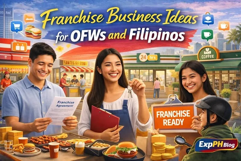 Realistic image showing Filipinos and OFWs managing franchise businesses such as food stalls, retail shops, and service outlets, representing franchise business ideas for OFWs and Filipinos